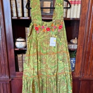 Sister Jane  Green Floral Tiered Dress with Orange Stitching